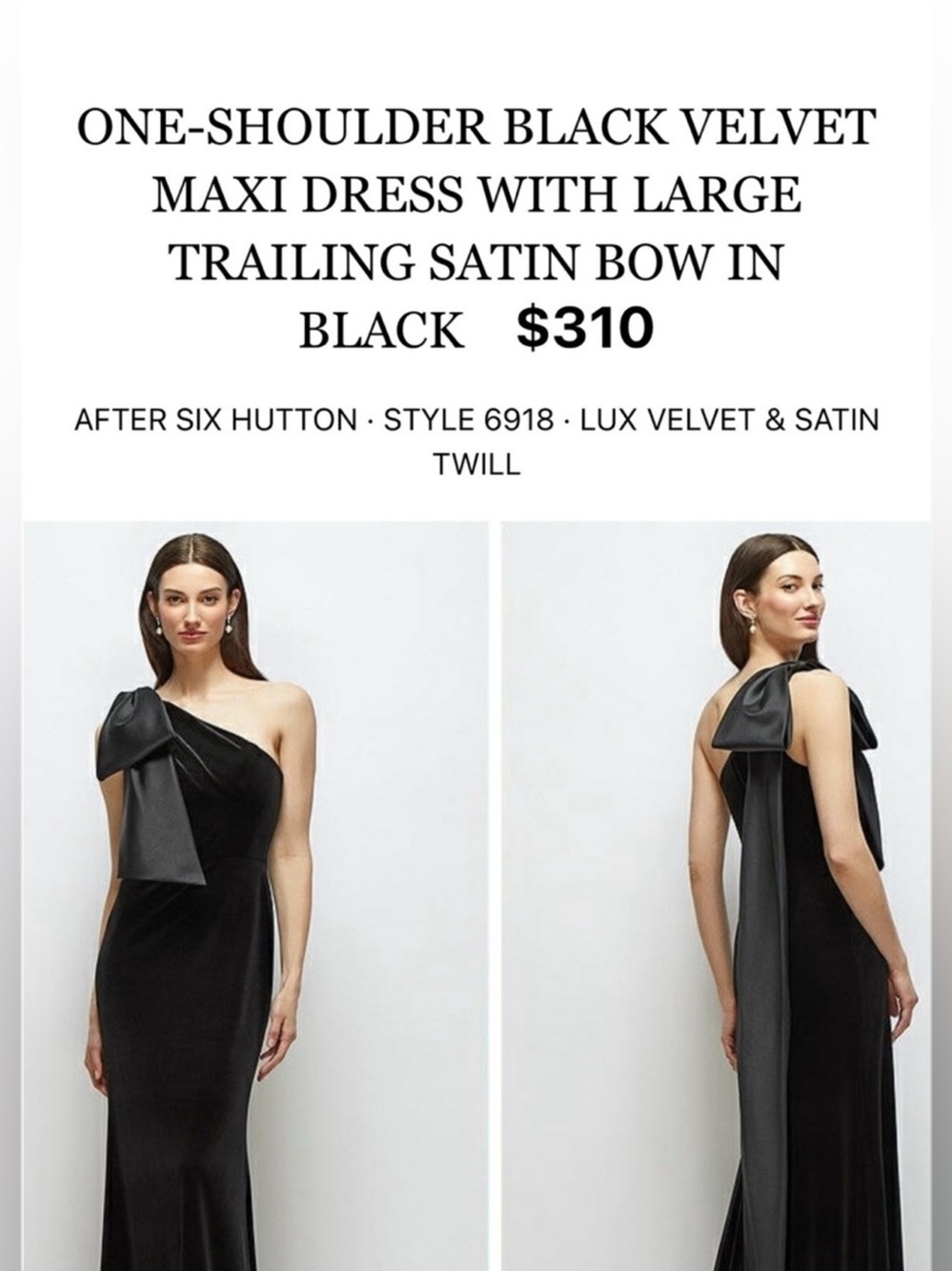 After Six Black One-Shoulder Velvet Gown with Satin Bow